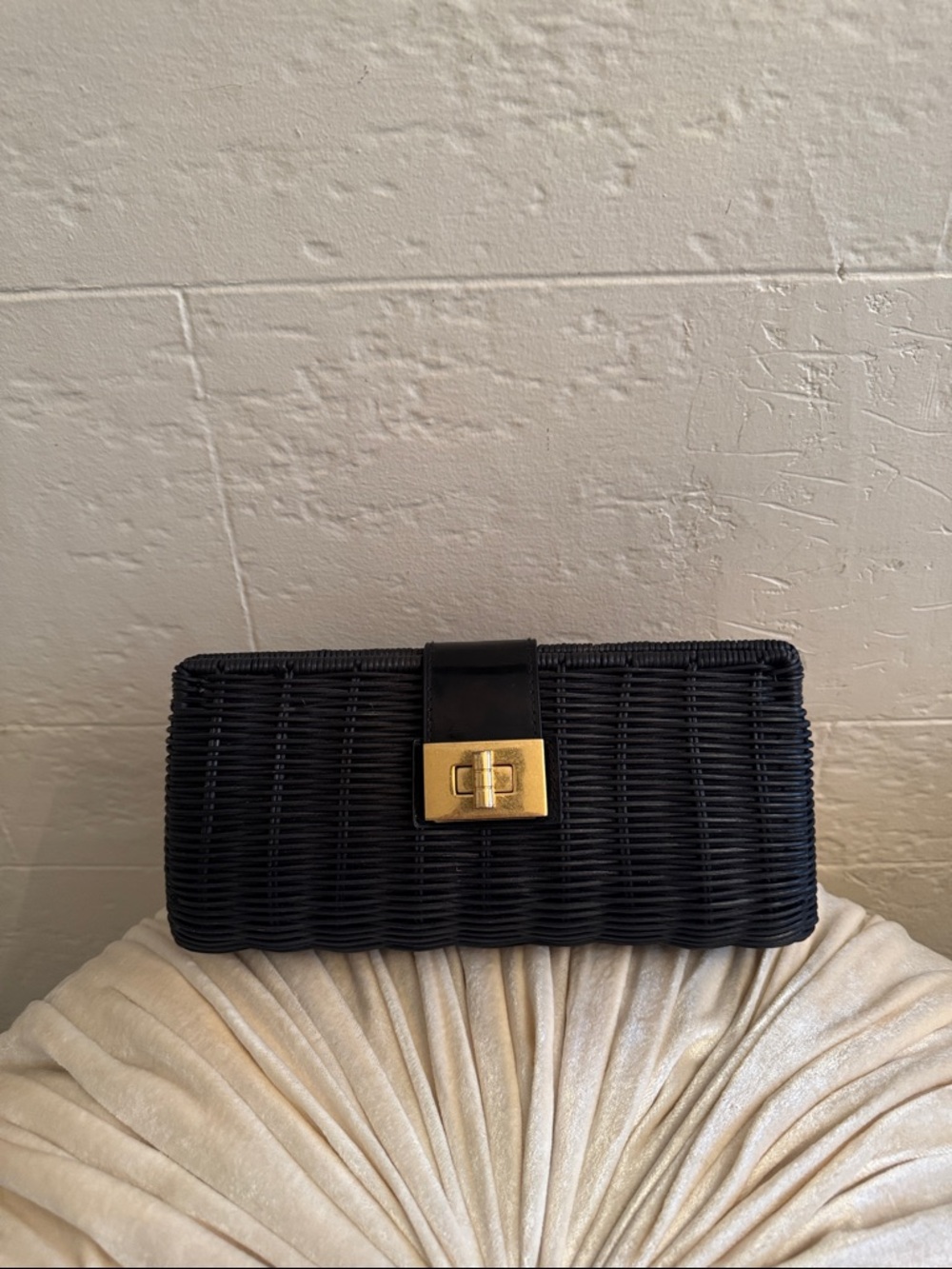 J. crew black straw & leather clutch
